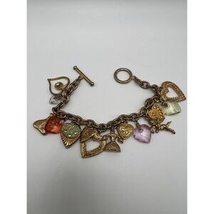Retro Heart Toggle Charm Bracelet Vintage Boho Coquette Gold Tone Metal 7.5in